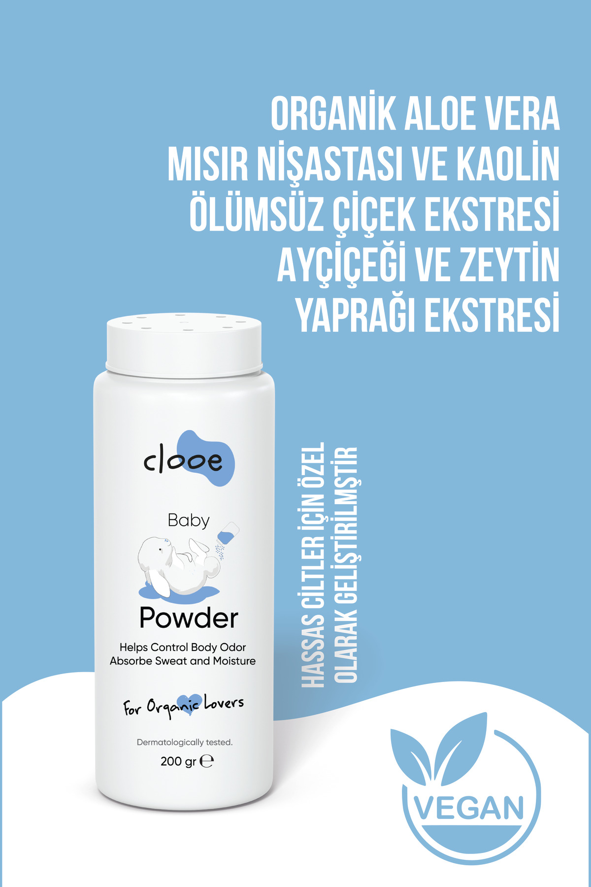 clooe Organik Bebek Pudrası (200gr) Ferahlatıcı Etki Hassas Ciltlere Özel Talk İçermez 2’li Fırsat Paketi fotoğrafı 3 (önizleme)