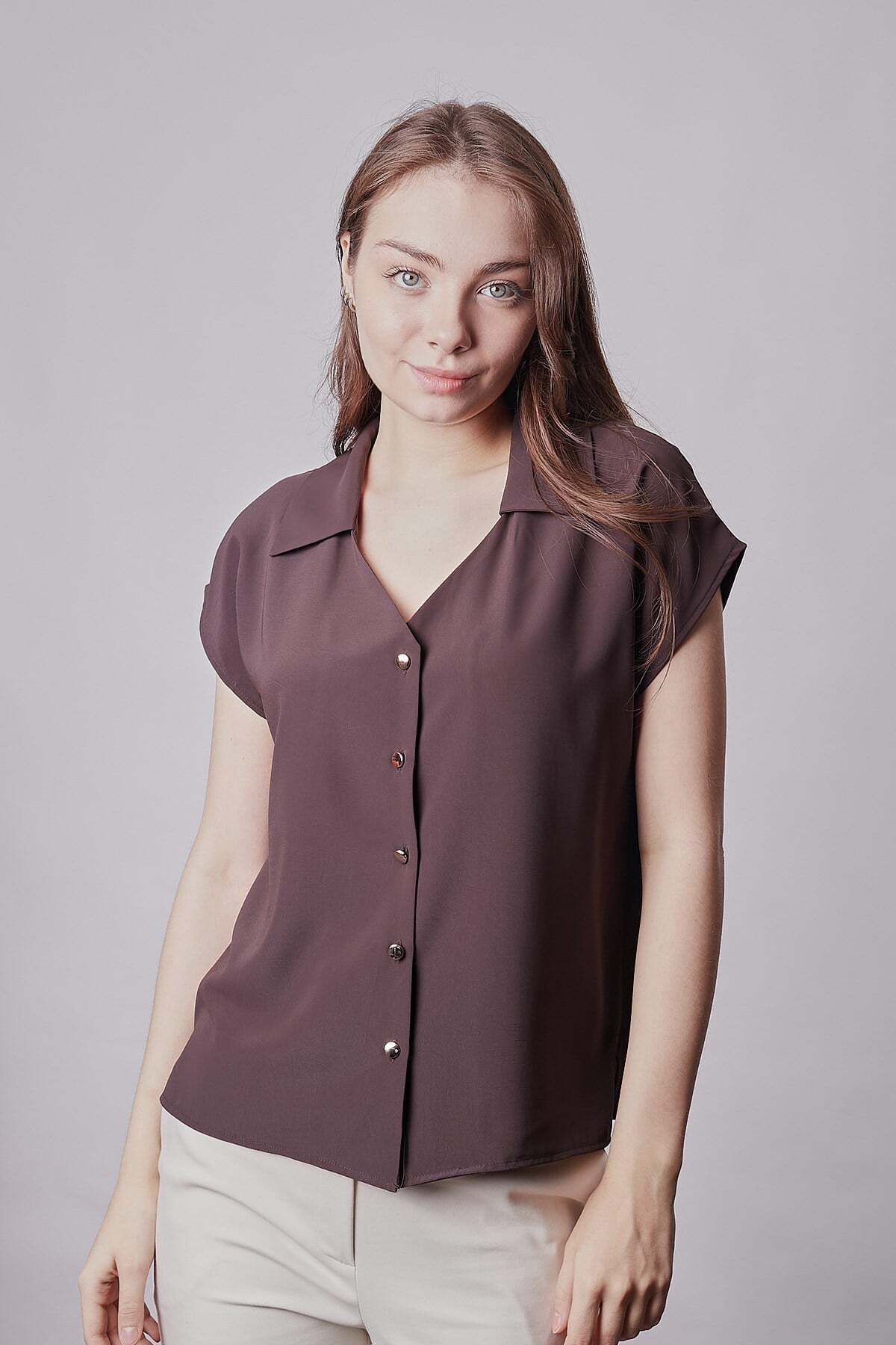 Jument  Kadın Krep Kumaş Düşük Omuzlu Yakalı V Yaka Kısa Kol Gömlek-Kahve - Görsel 5