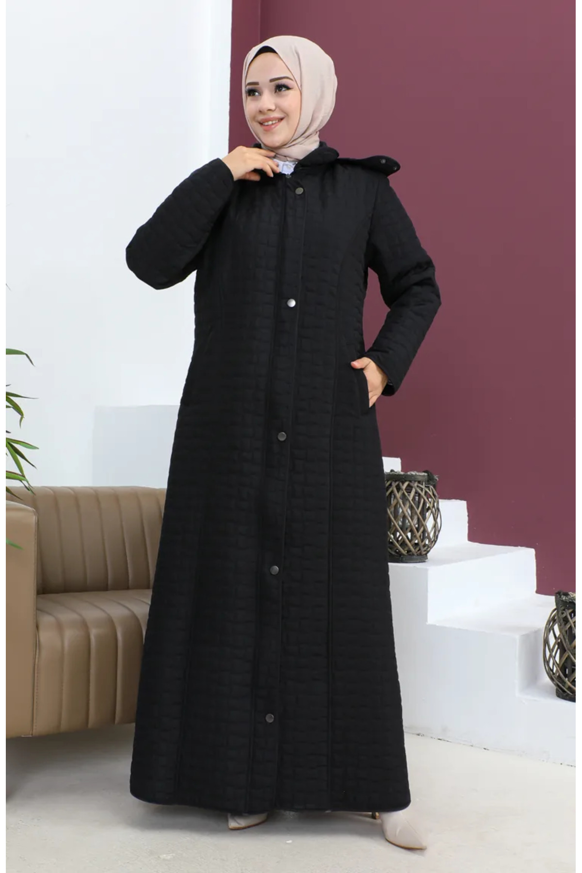 マカロン　レディース　BLK M sefamerve Büyük Beden Baklava Desen Kapitone Mont 5062-01 Siyah