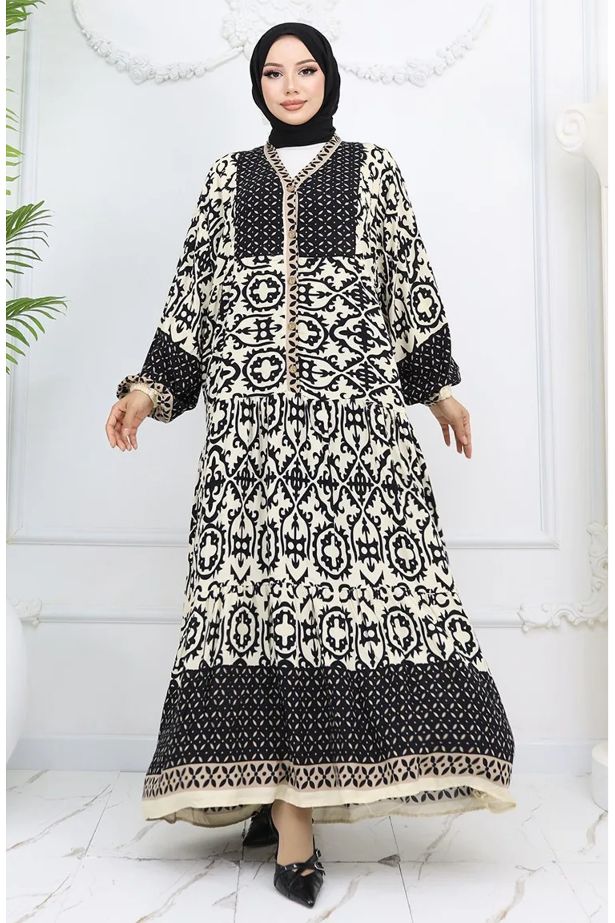 sefamerve Viscose Fabric Buttoned Patterned Dress 0044-01 Black Beige