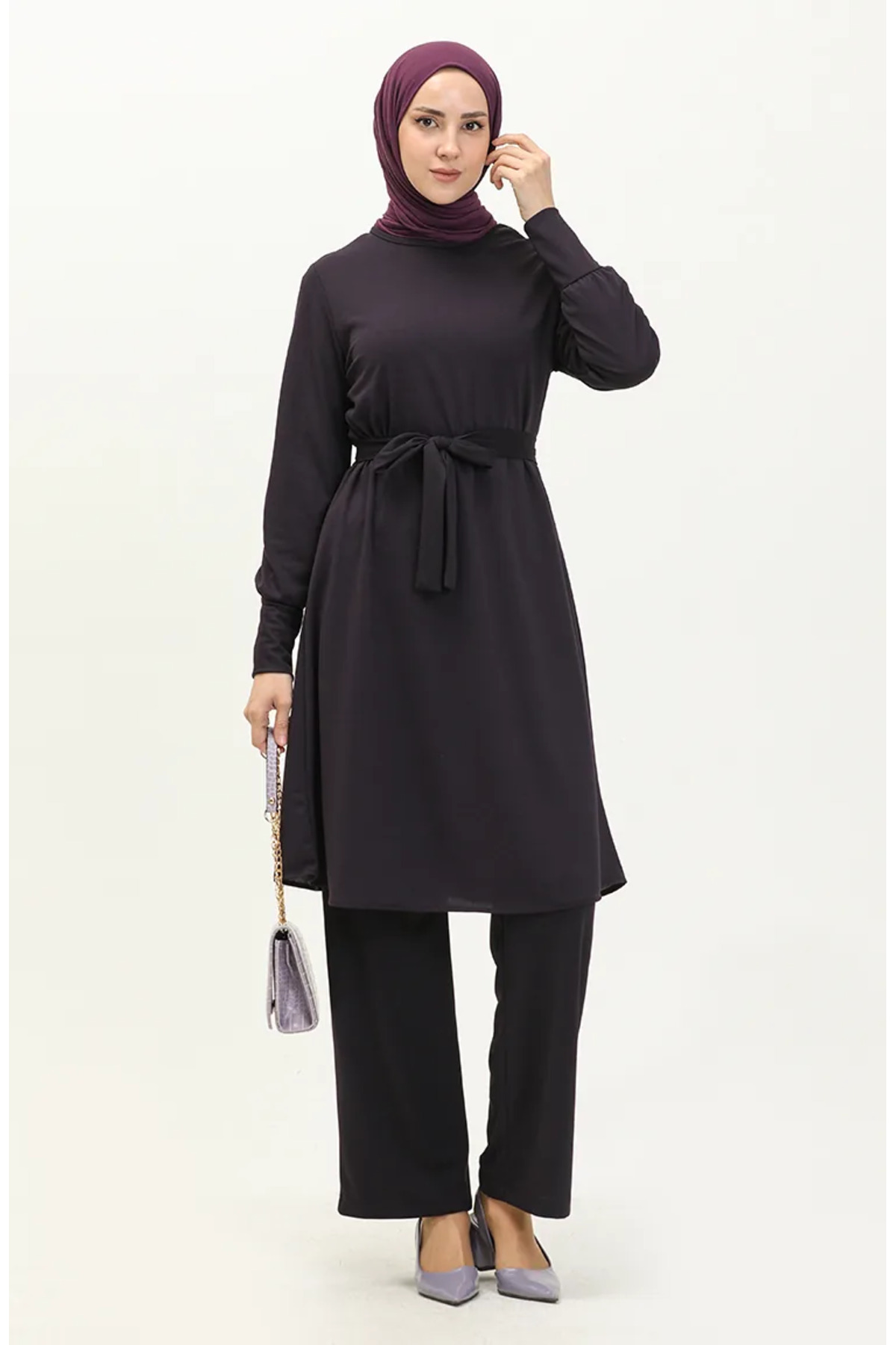 sefamerve Kuşaklı Tunik Pantolon İkili Takım 0690-02 Mor görsel 2