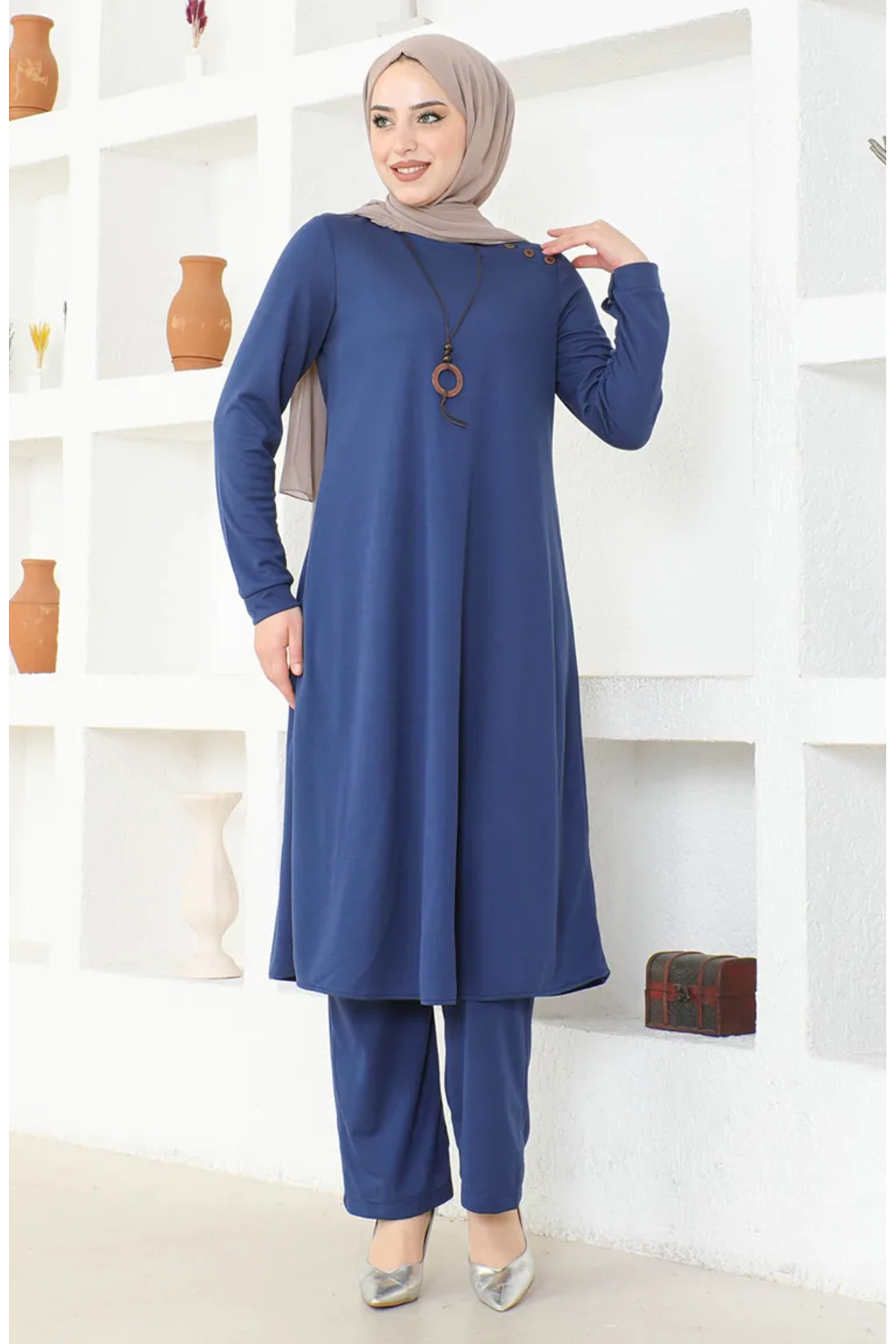 sefamerve Kolyeli Tunic Trousers Double Set 0580-03 Indigo