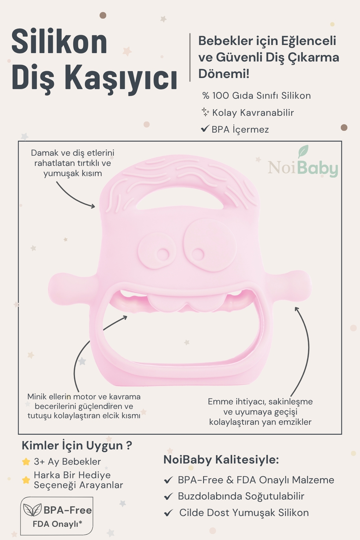 NoiBaby Pembe Bebek Silikon Diş Kaşıyıcı fotoğrafı 5 (önizleme)