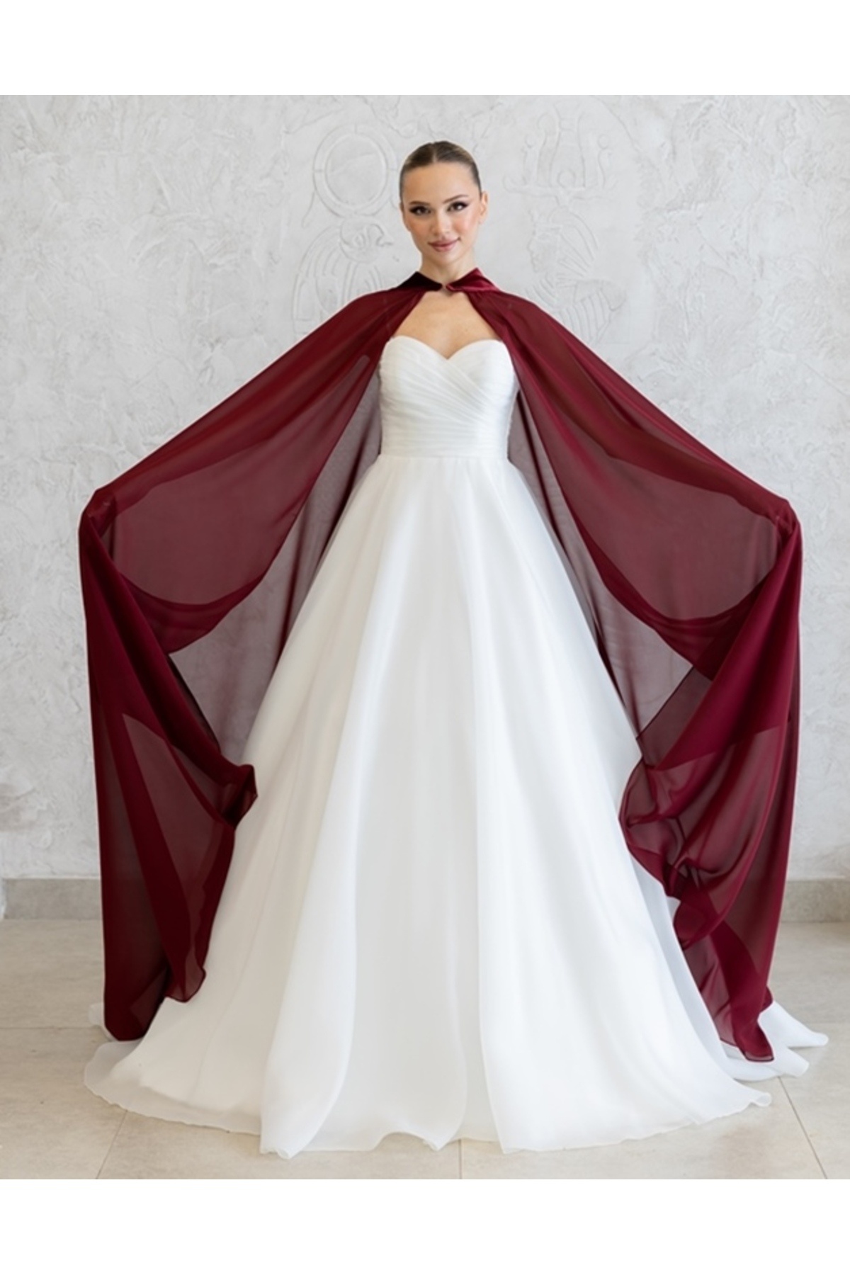 BURGUNDY CHIFFON KAFTAN- CLOAK ON WEDDING DRESS - BİNDALLI -BURGUNDY CHIFFON KAFTAN- BURGUNDY HENNA DRESS