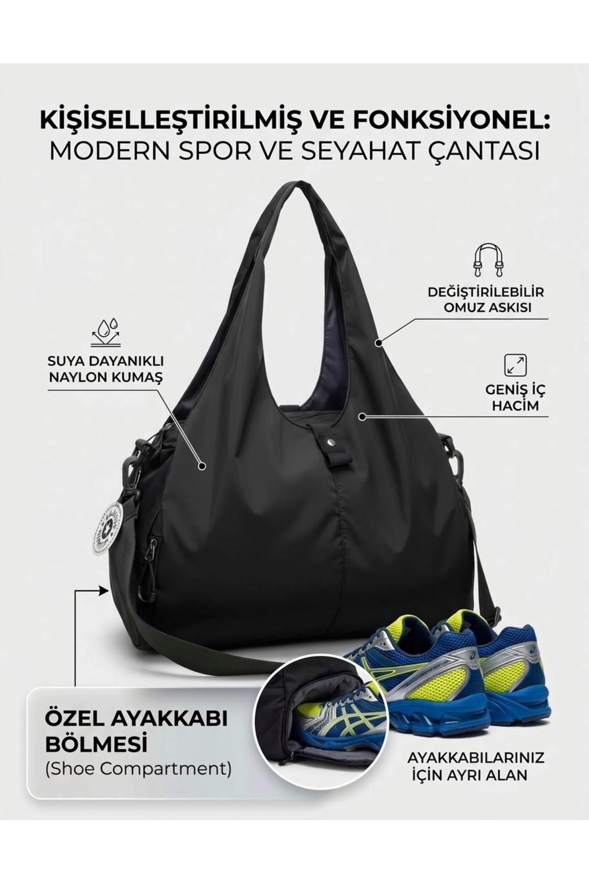 Vuslat Bags Kadın Spor ve Seyahat Çantası Su Geçirmez Naylon Ayakkabı Bölmeli Geniş Hacimli Fitness Omuz Çantas