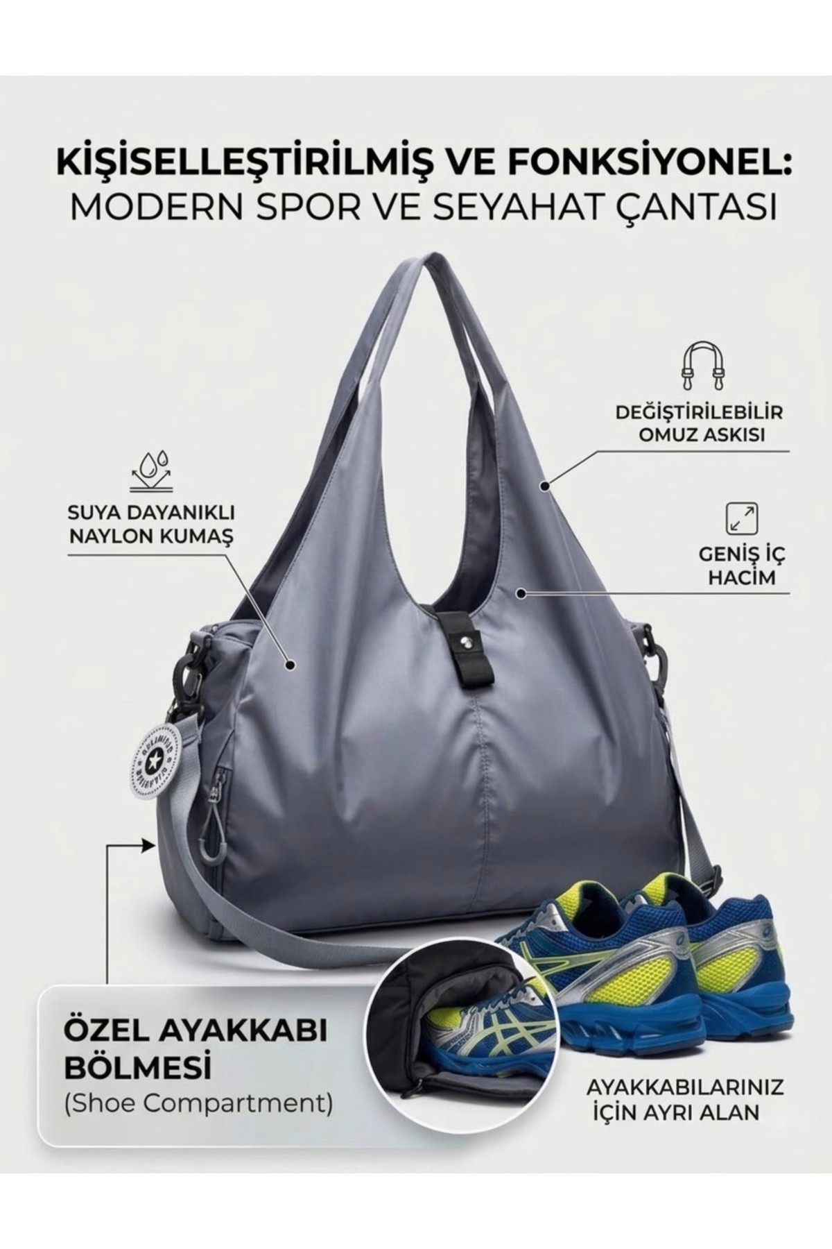 Vuslat Bags Kadın Spor ve Seyahat Çantası Su Geçirmez Naylon Ayakkabı Bölmeli Geniş Hacimli Fitness Omuz Çantas