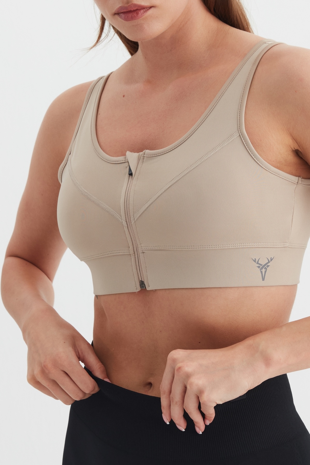 cervus Spor Büstiyer Fermuar Detaylı Crop Top Bej görsel 7