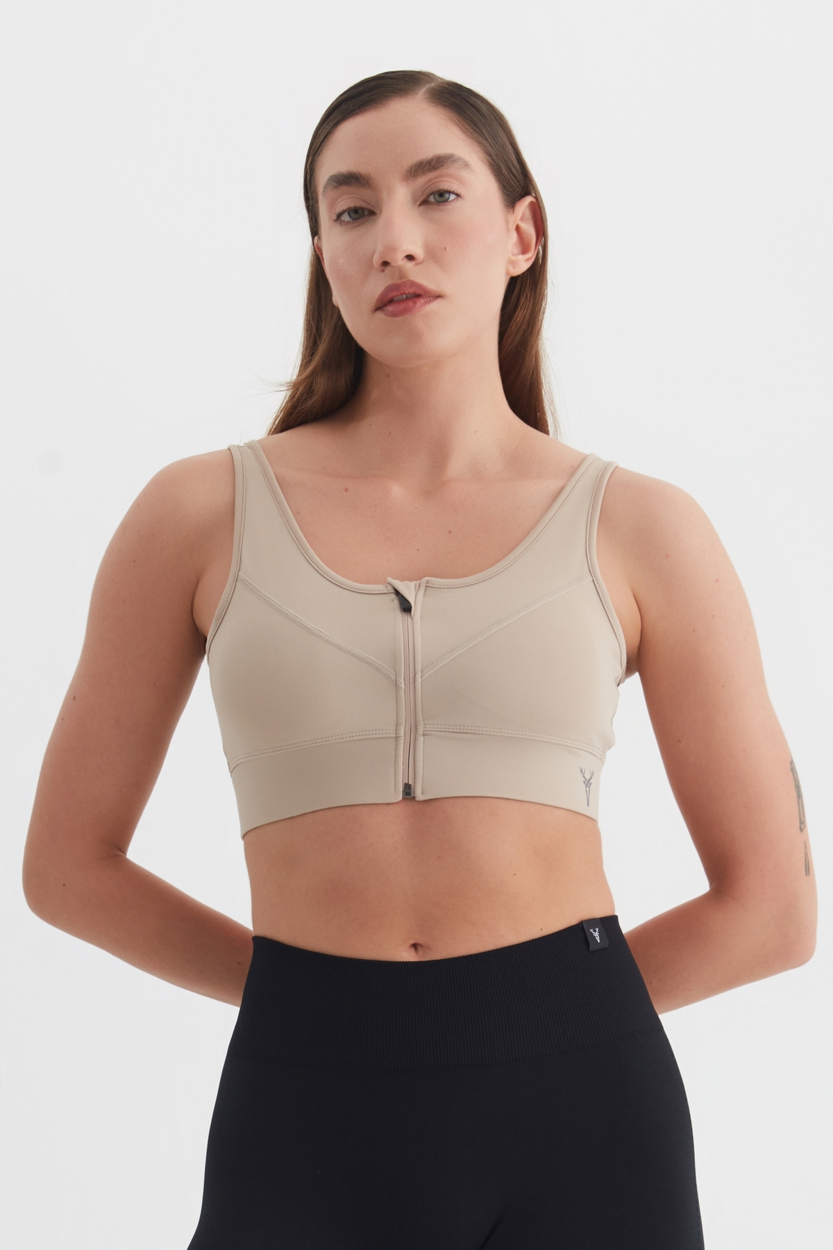 cervus Spor Büstiyer Fermuar Detaylı Crop Top Bej