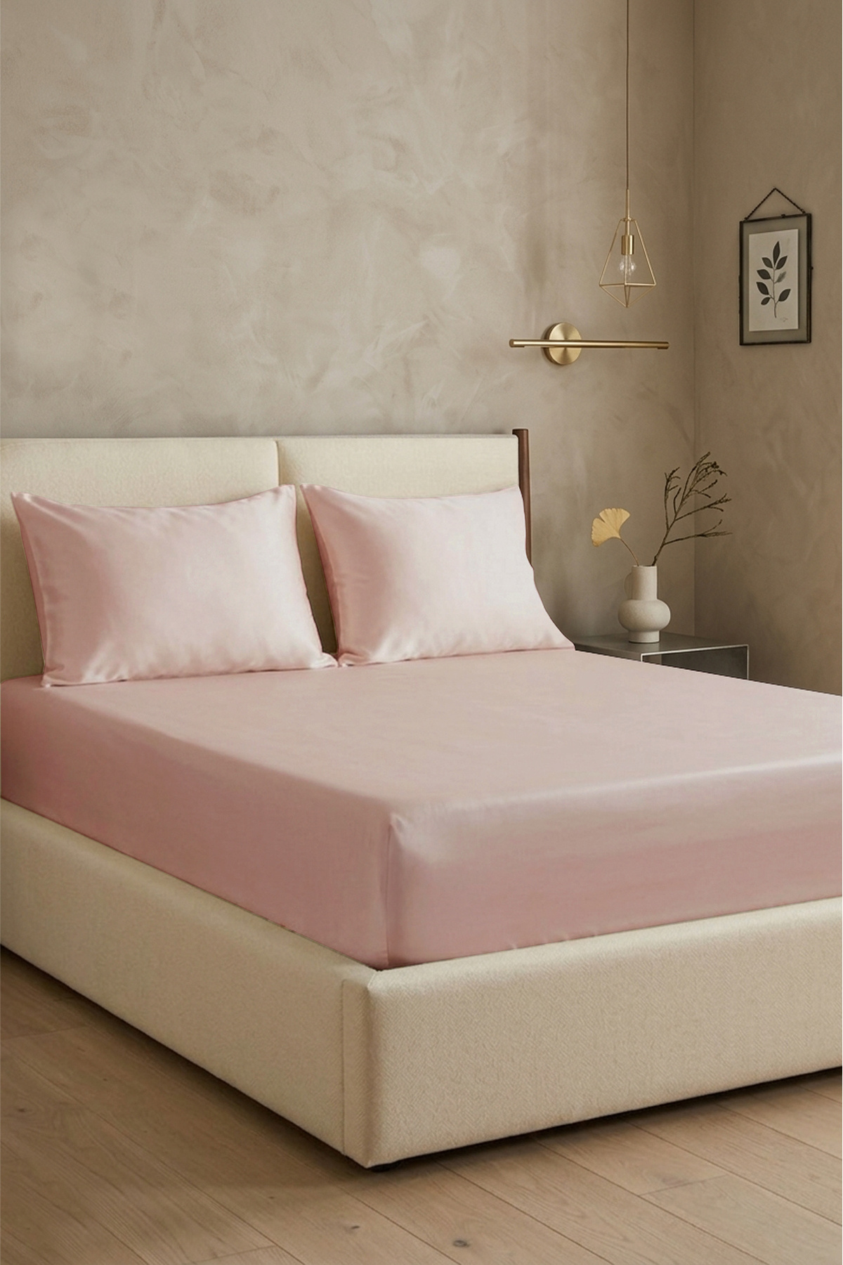 100% Cotton Satin 200 TC (80 Strands) Elastic Sheet Set Powder