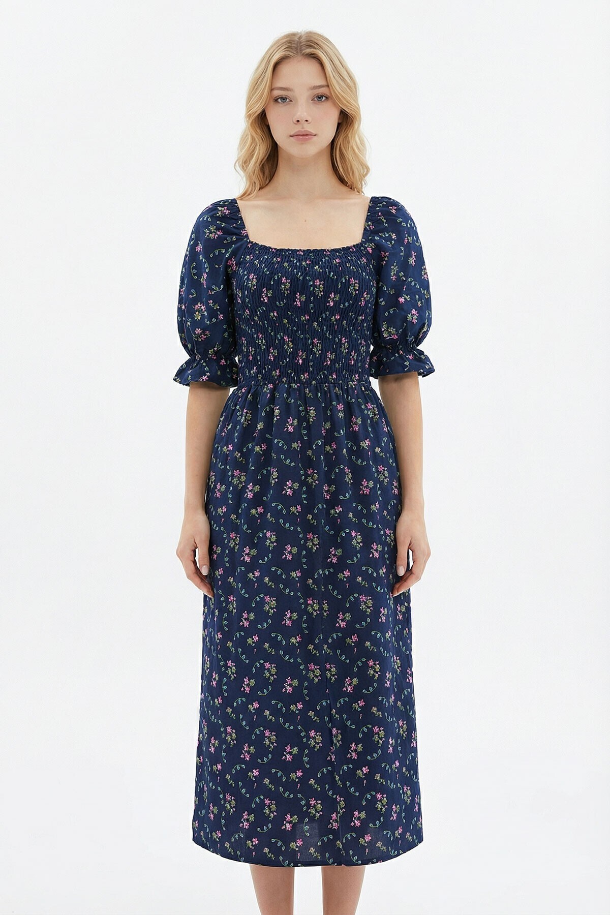 Navy Blue Square Neck Gimped Floral Woven Summer Dress