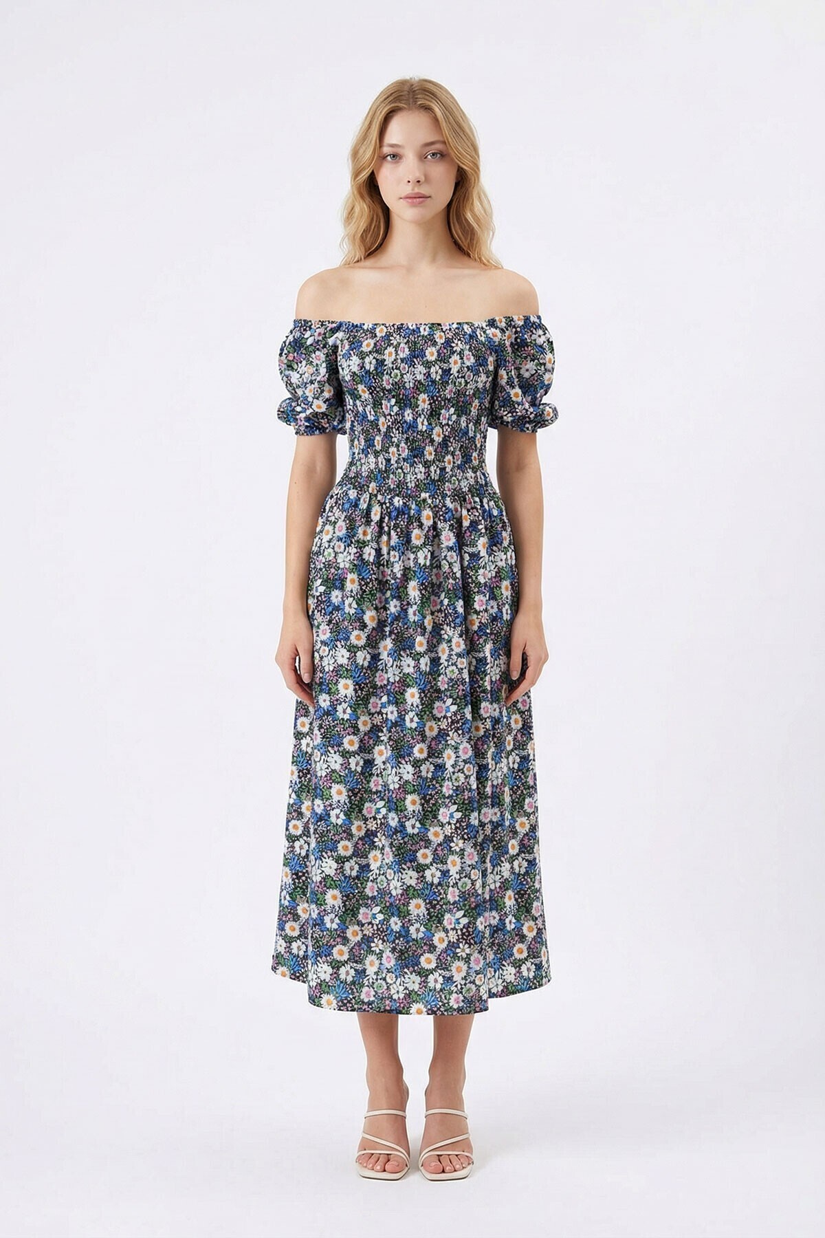 Mixed Square Neck Gimped Floral Woven Summer Dress