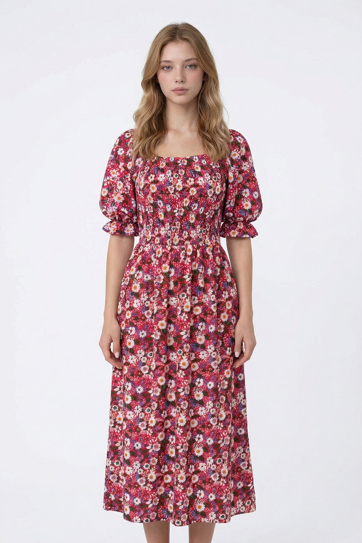 Fuchsia Square Neck Gimped Floral Pattern Woven Summer DressBCVL-25V095
