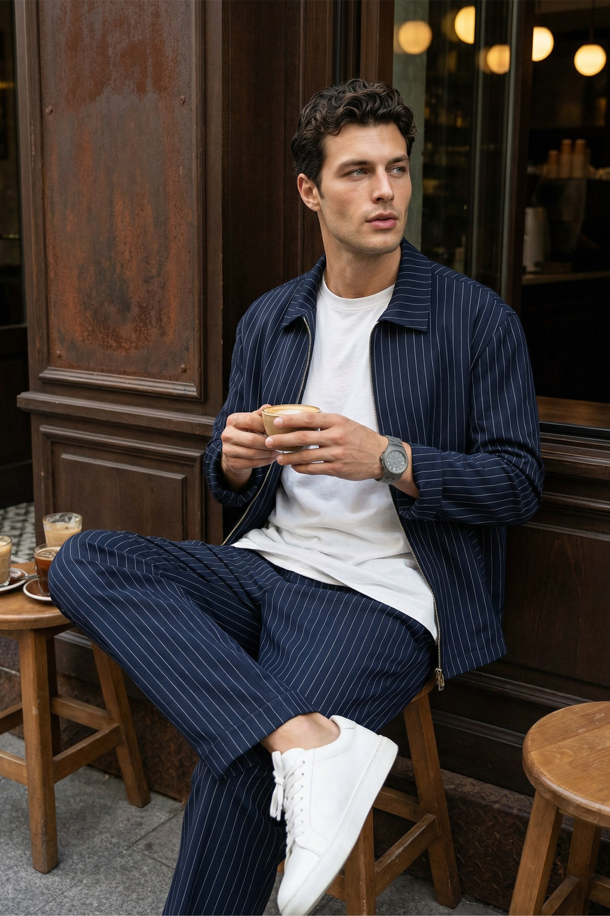 Aniva Men's Striped Wide Fit Two Piece Suit Jacket Pants