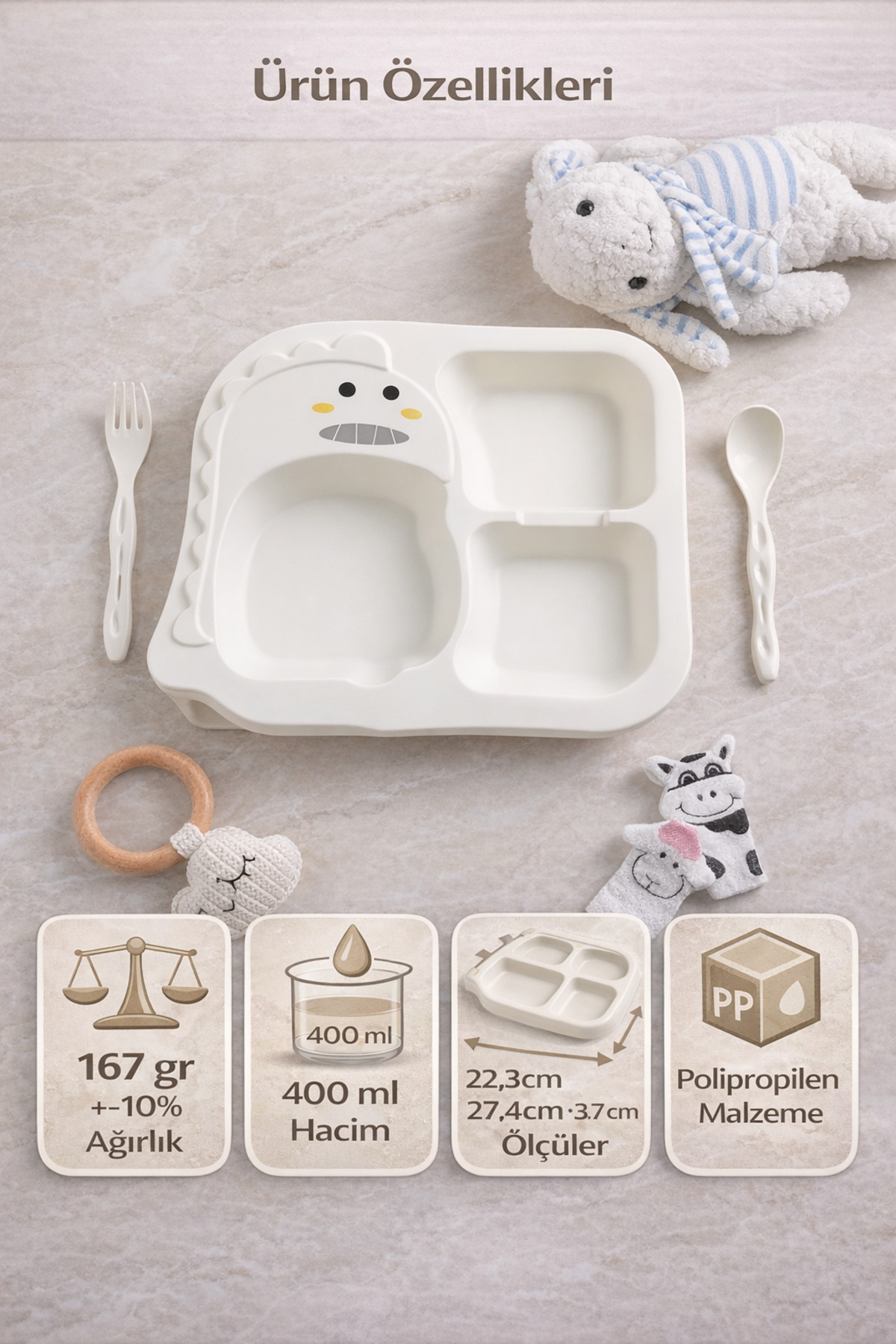 tinibud Bebek Bölmeli Mama Tabağı Kaşık Çatal Seti PP Kırılmaz 400 ml Dayanıklı 22.3x27.4x3.7 cm fotoğrafı 4 (önizleme)