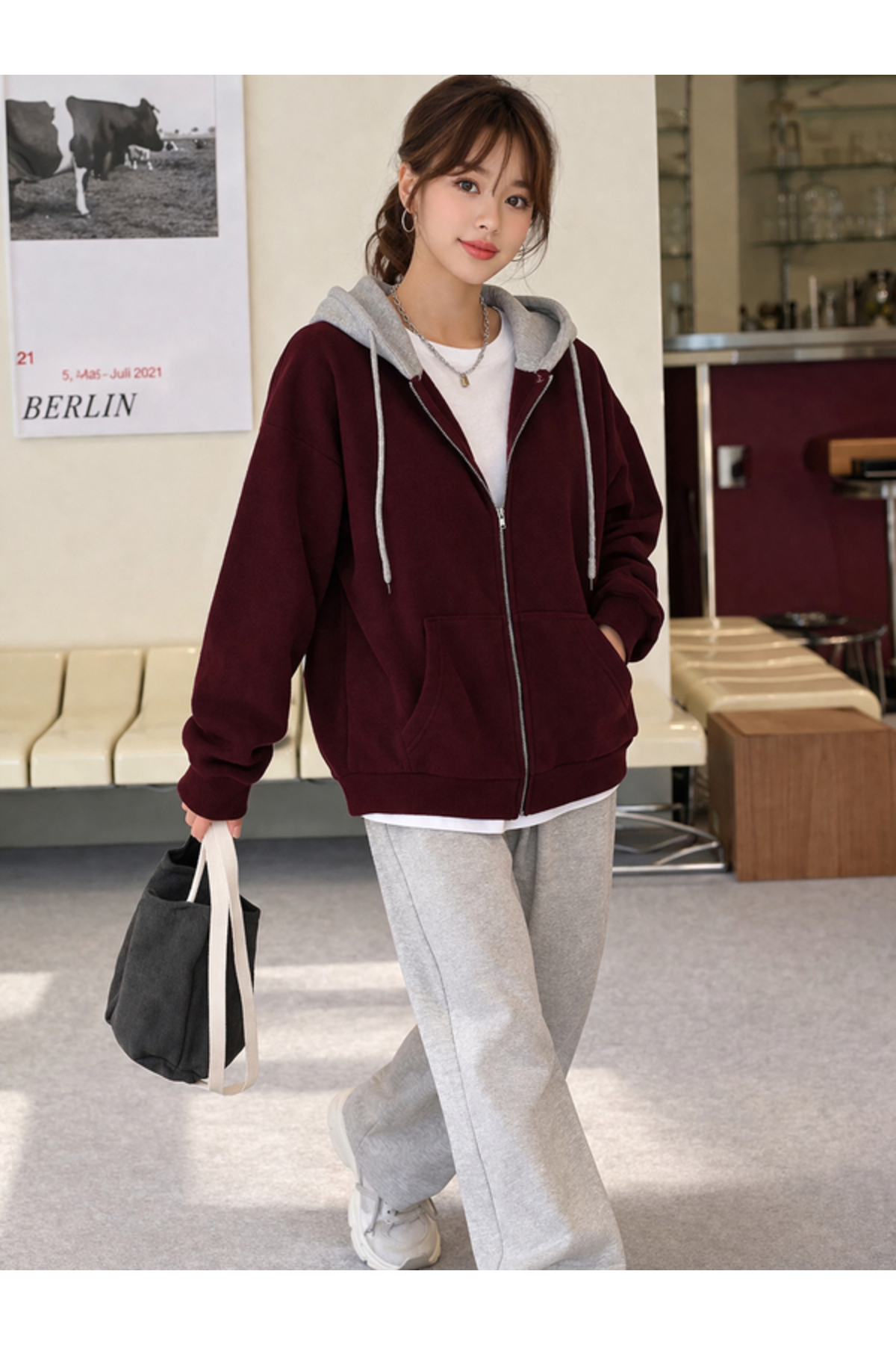 Unisex Bordo Gri Kapüşonlu Oversize Mevsimlik 2 İp Hırka Orta Kalınlık — زرشکی Blokluhırka — تصویر 3 از 5