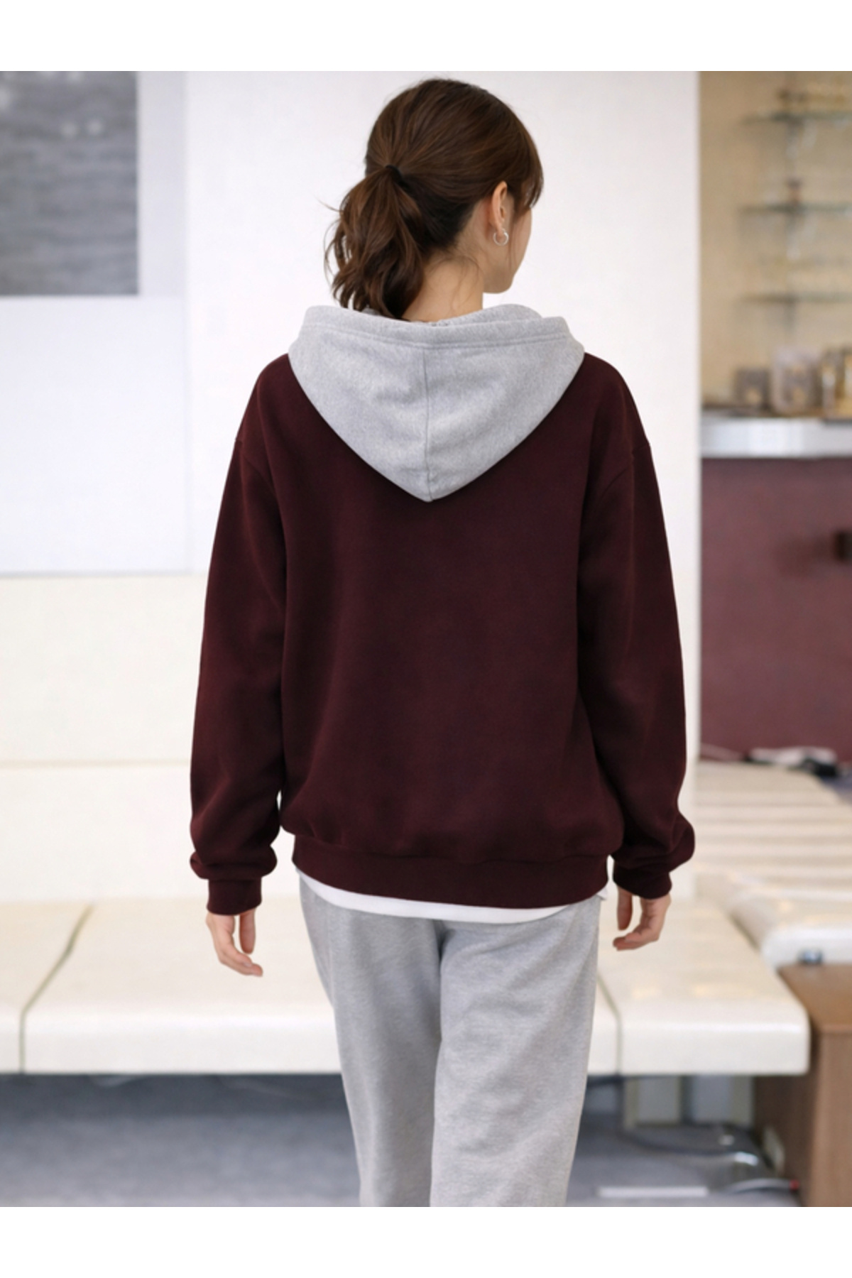 Unisex Bordo Gri Kapüşonlu Oversize Mevsimlik 2 İp Hırka Orta Kalınlık — زرشکی Blokluhırka — تصویر 5 از 5