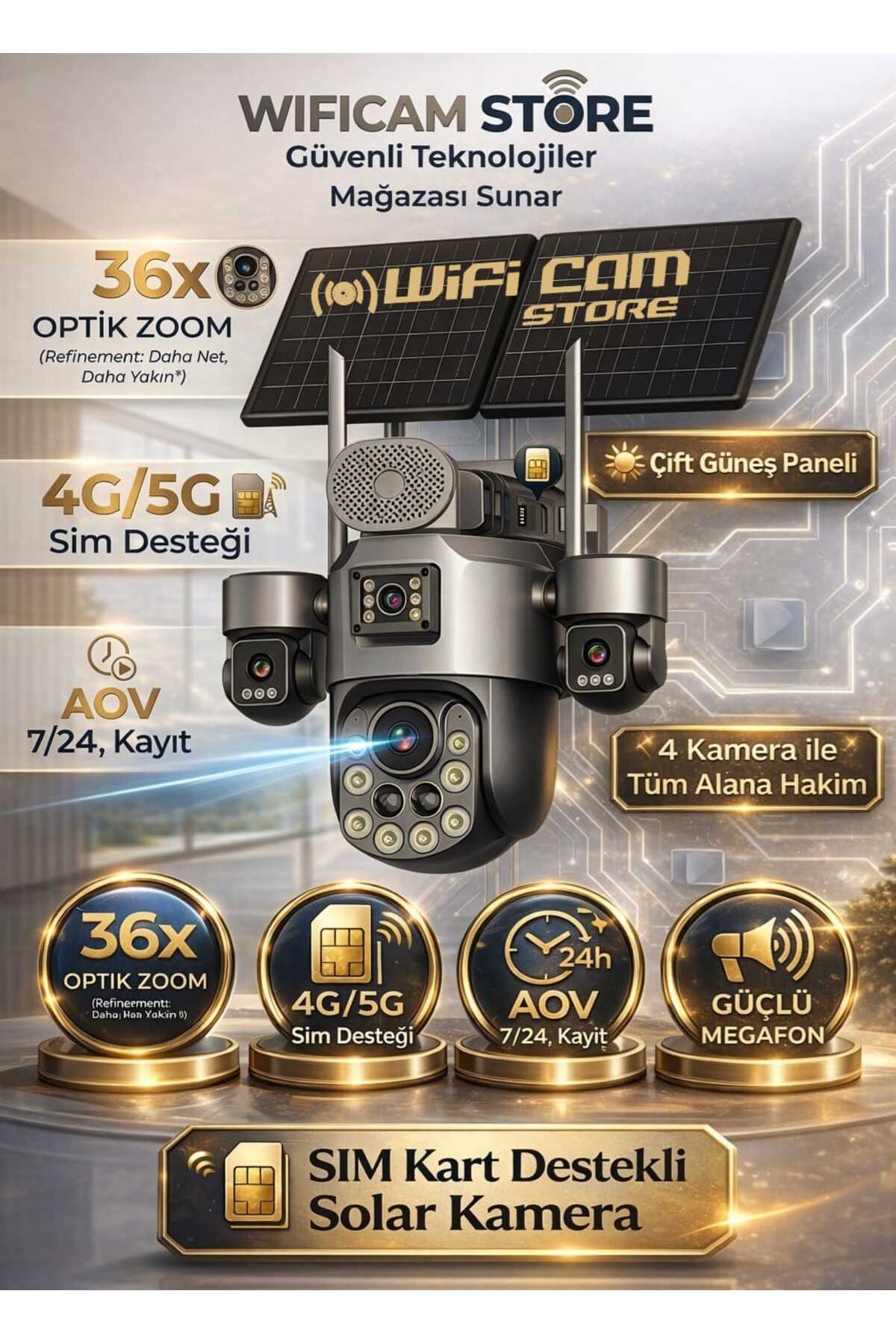 WIFICAM PLUS 36X Optik Zoom 4 Kameralı Sim Kartlı Solar Kamera