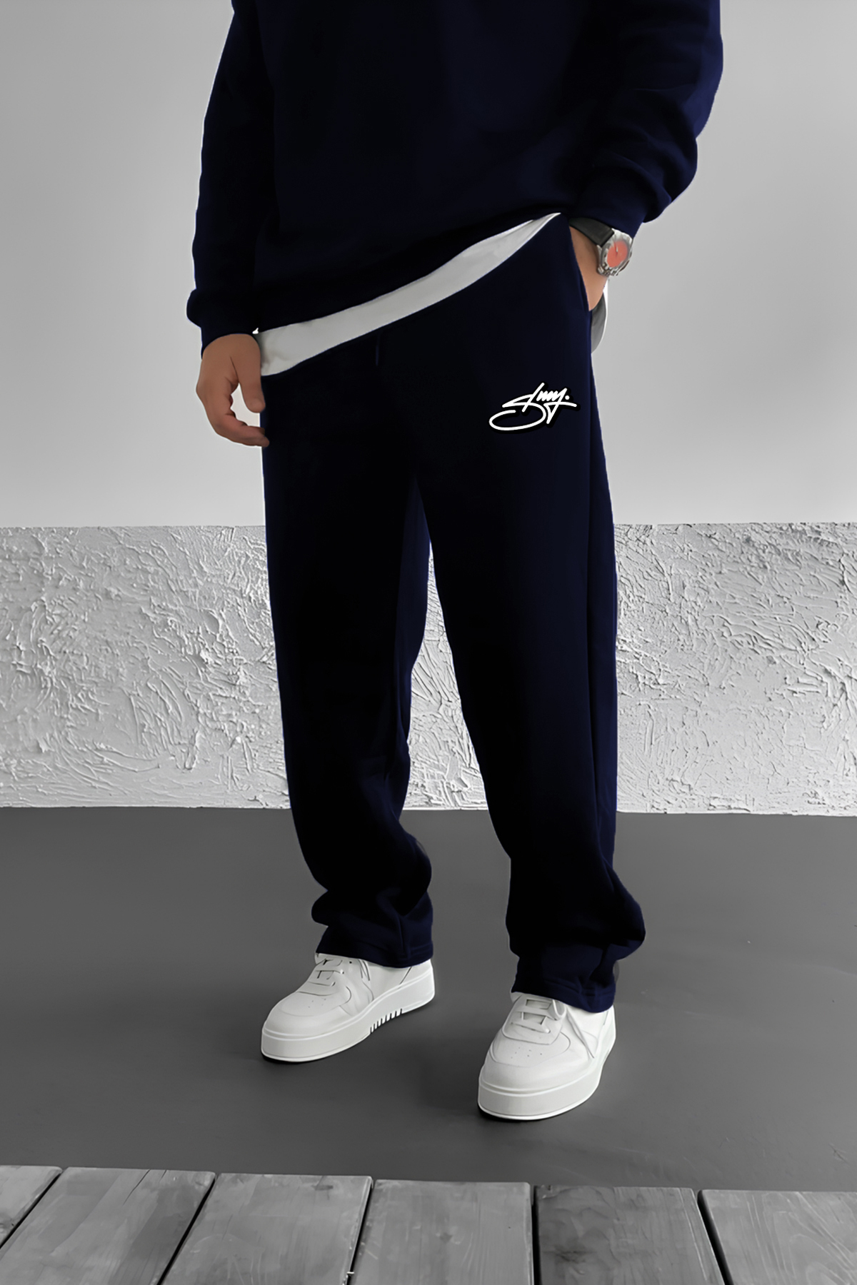 Stüssy Curved Baskılı Lacivert Baggy 3 İplik Bol Kesim Düz Paça Mevsimlik Eşofman Altı RF0555