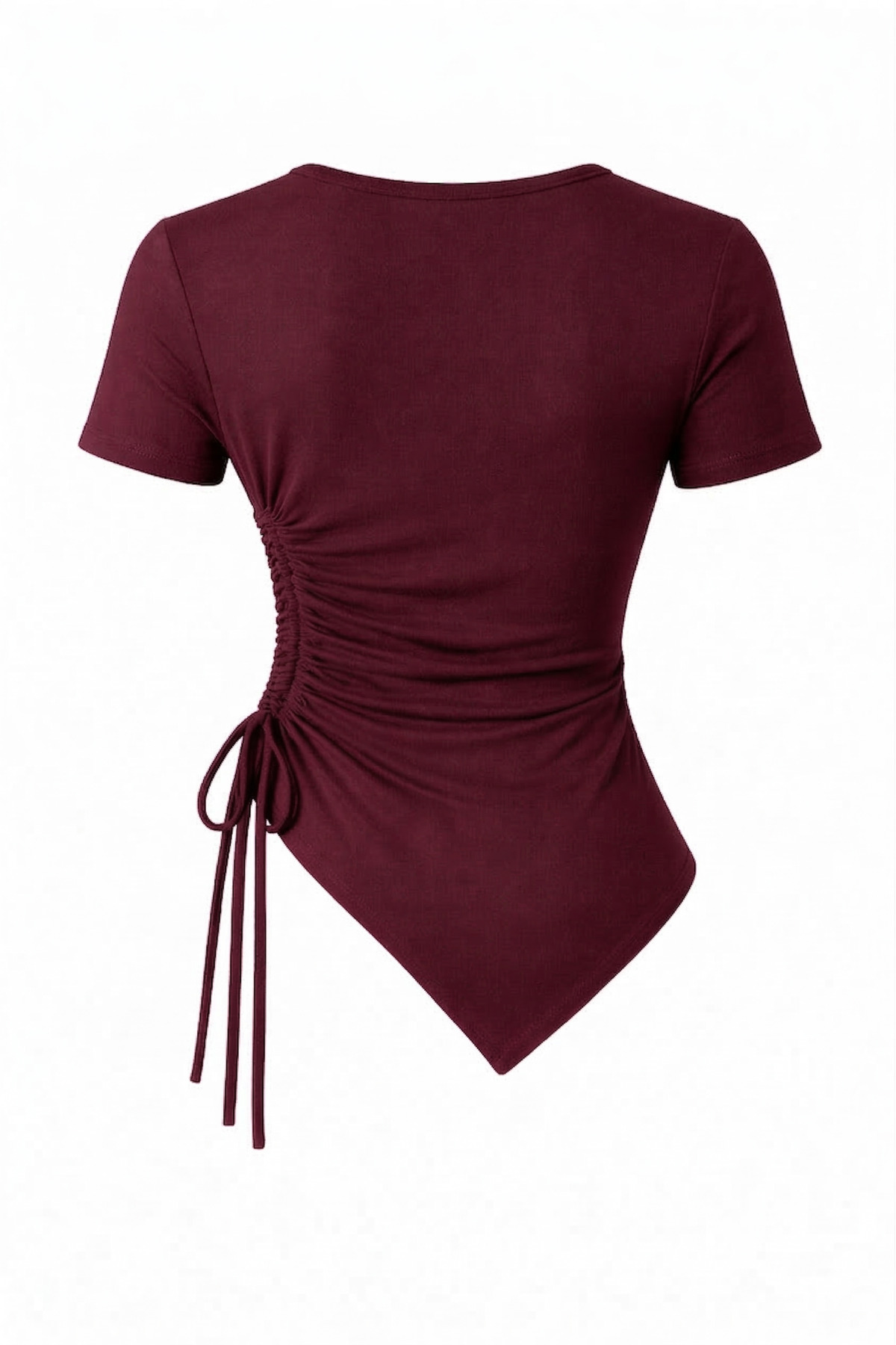 RABTEKS  Bordo Yuvarlak Yaka Drape Detaylı Kısa Kollu Tesettür Uyumlu Yumuşak Dokulu Doğal Mikro Bluz - Görsel 4