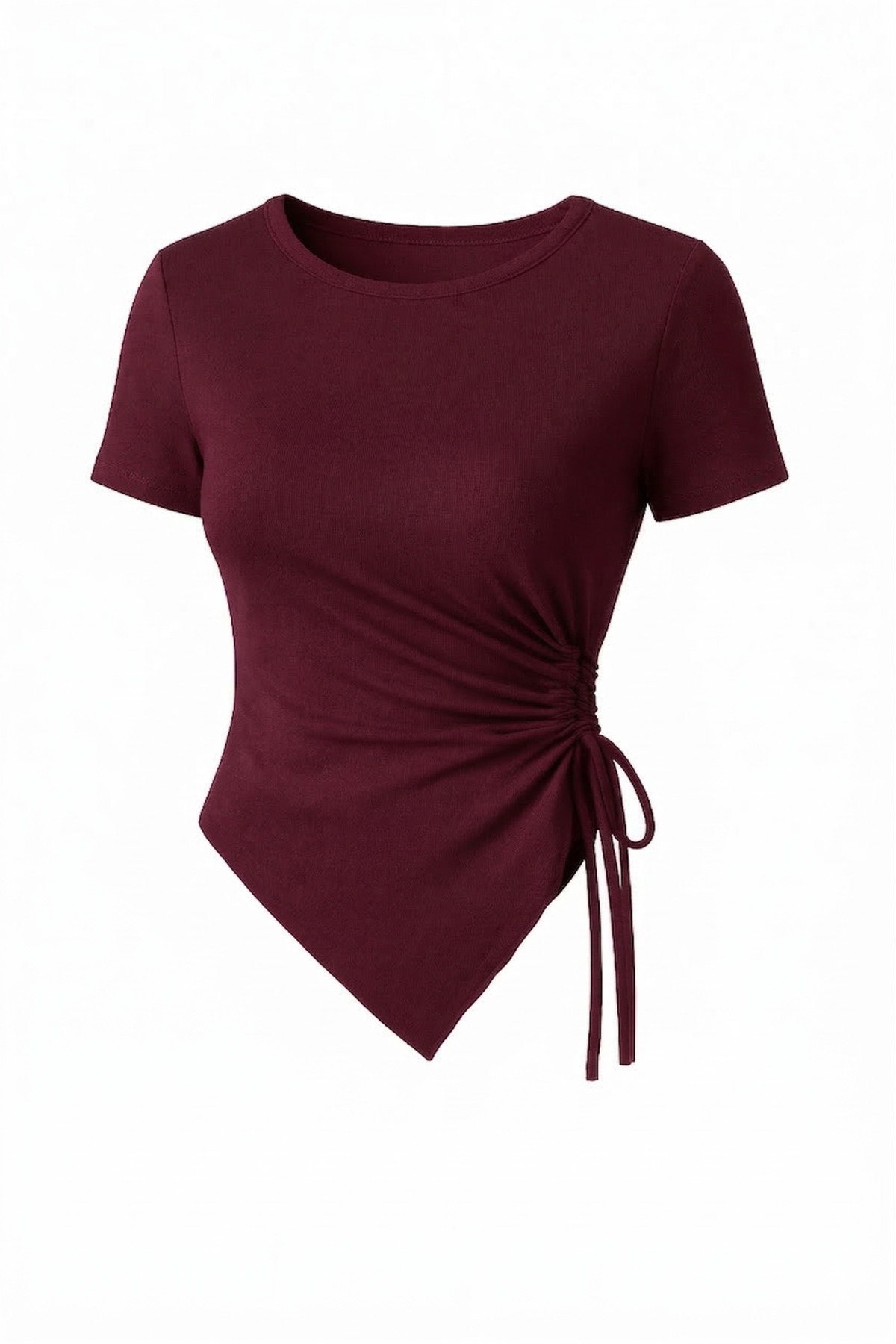 RABTEKS  Bordo Yuvarlak Yaka Drape Detaylı Kısa Kollu Tesettür Uyumlu Yumuşak Dokulu Doğal Mikro Bluz - Görsel 3