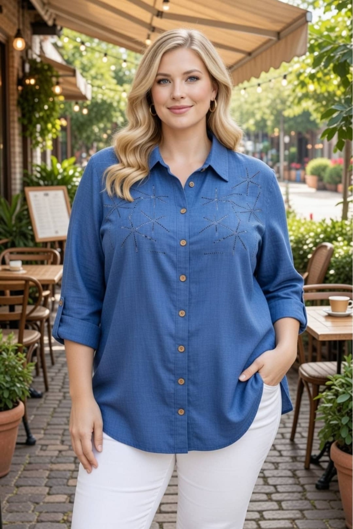 tarzımsüper  Büyük Beden Oversize Premium Taş Baskılı Keten Kadın Gömlek - Rahat Kesim