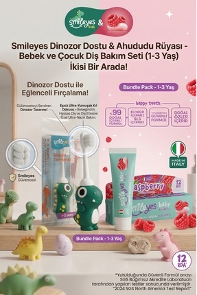 Smile yes Smileyes Bebek Diş Macunu 0-3 Yaş Ahududu + DinaSaur Diş Fırçası 1-...