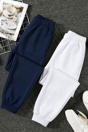 evavi Çocuk Baskısız İkili Paket Beyaz-Lacivert Eşofman Altı