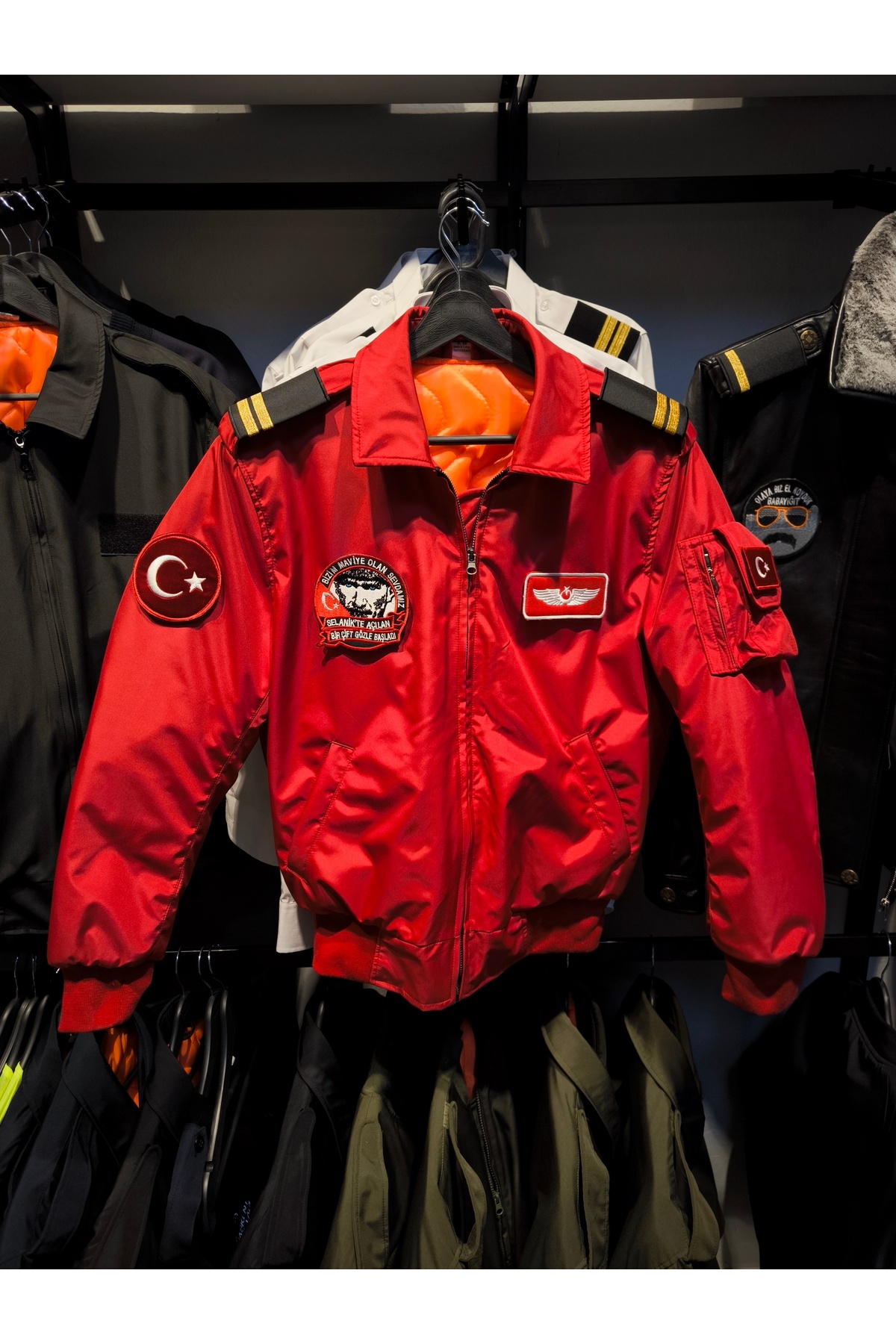 mont Pilot Uçuş Montu - Kırmızı Renk - Bomber görsel 4