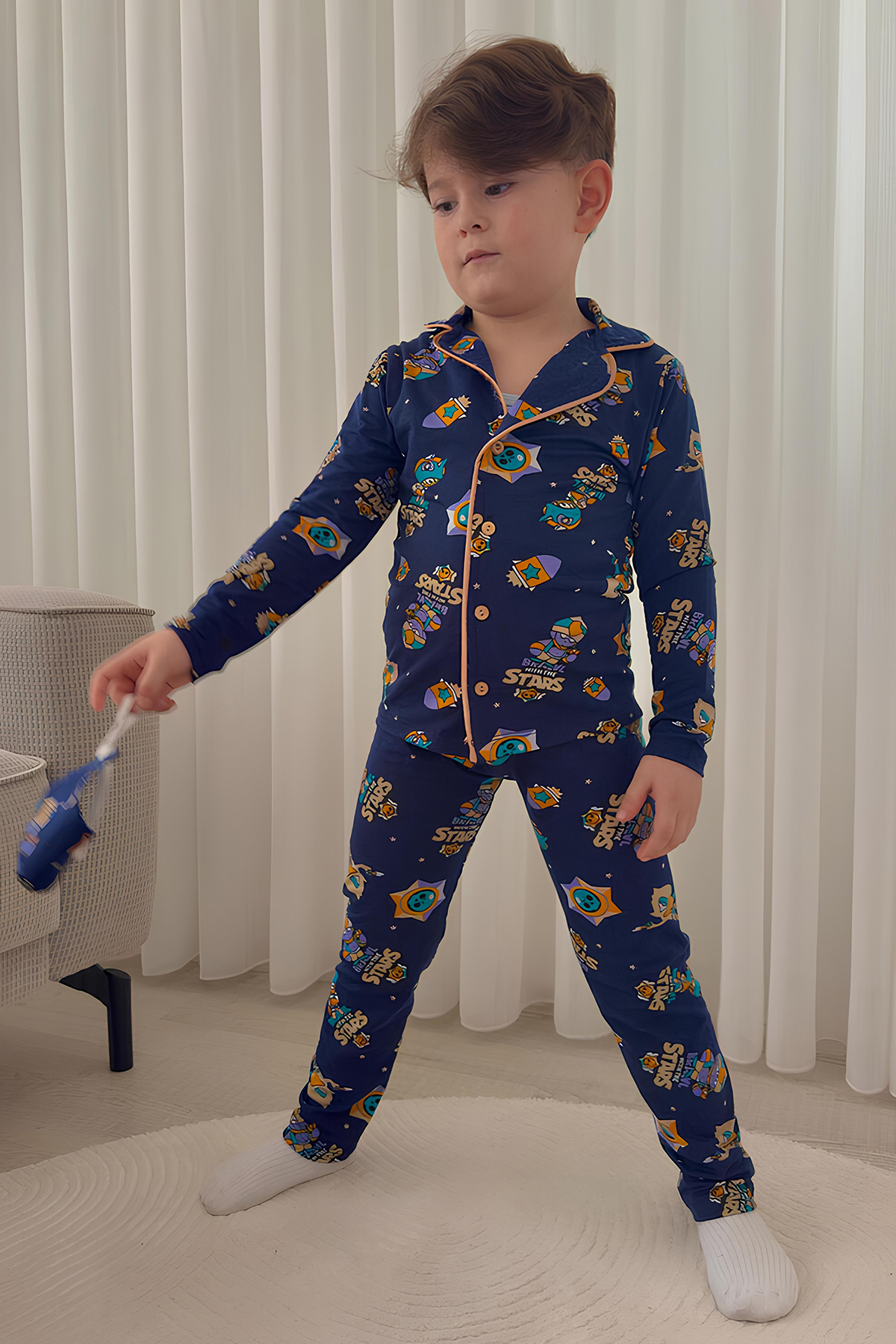 Belya Kids Wear Erkek Çocuk Pamuklu Süet Kumaş 1 Gömlek Yaka Uyku Bantlı Düğmeli Uzun Kollu Pijama Takımı fotoğrafı 4 (önizleme)
