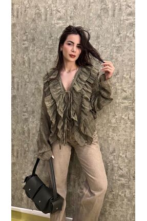 Leila Önden Bağlamalı Fırfırlı Gömlek