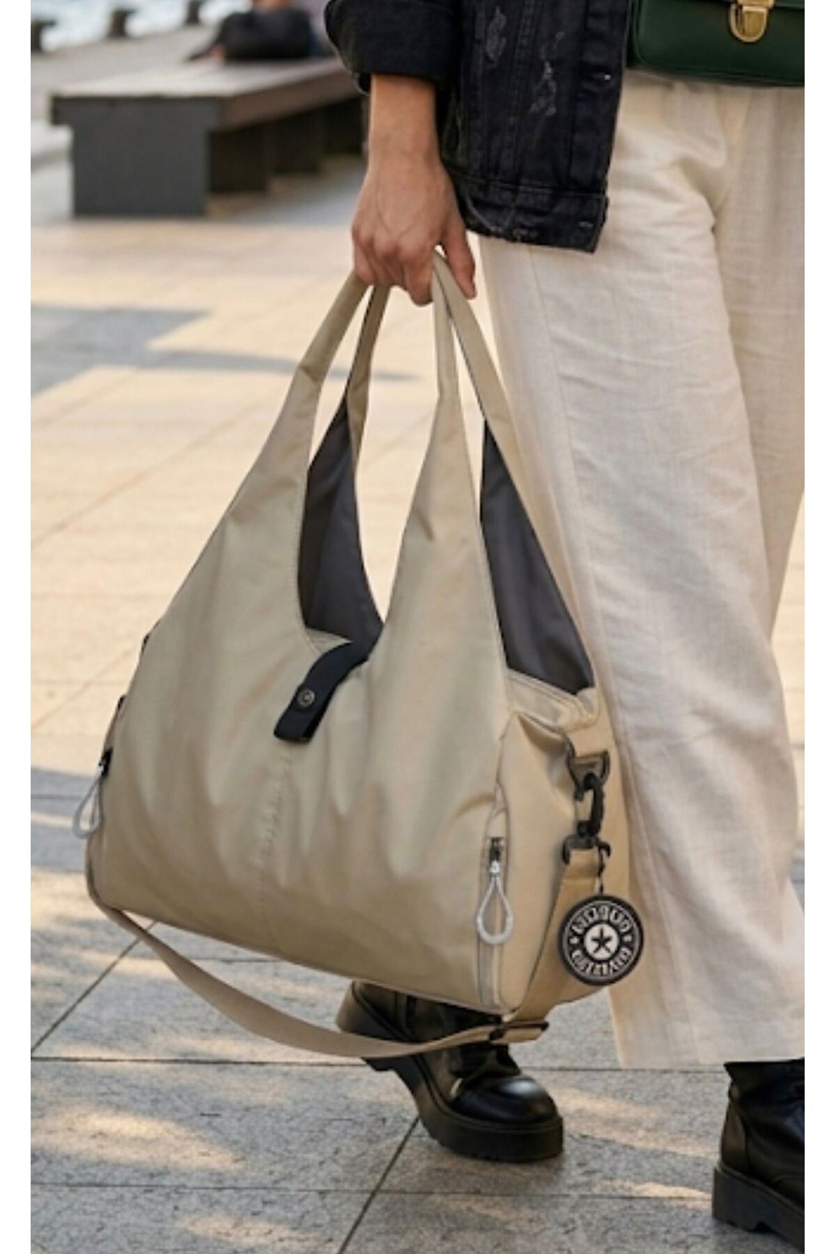 Taupe and Black TUNUS Crinkle-Style Women's Multi-Compartment Handbag, Shoulder and Crossbody Bag - Spacious görünüm 2