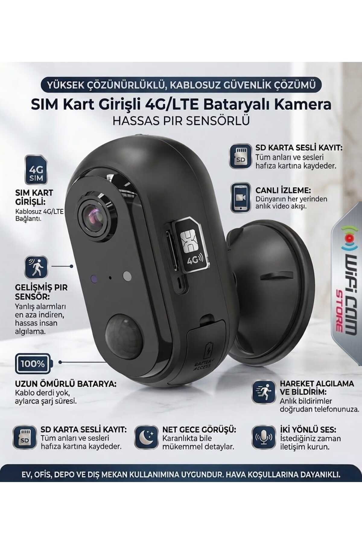 WIFICAM PLUS 4G Kablosuz Şarjlı Pır Sensörlü Kamera 4-6 Ay Bekleme Süresi