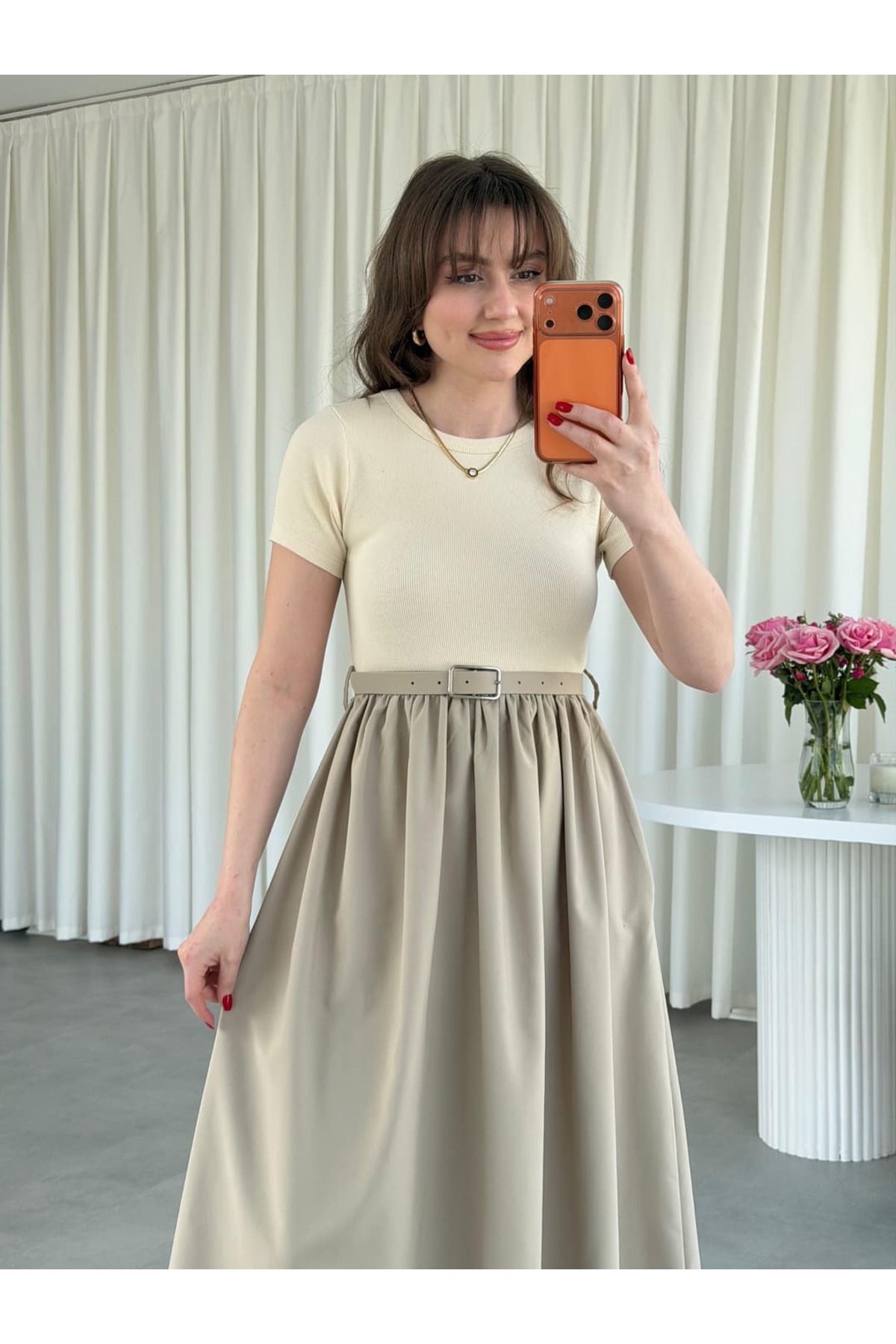 MaziButik  Kısa Kol Kemerli Poplin Detay Elbise - Görsel 5