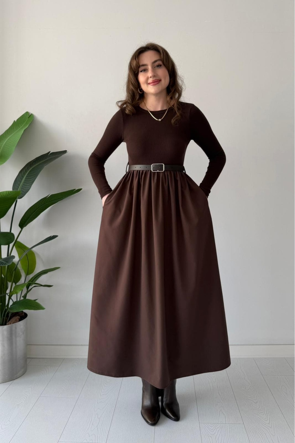 MaziButik Kemerli Poplin Detay Elbise