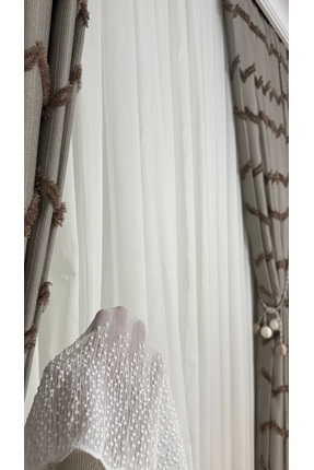 Görkem Perde Bambu Zemin Etek Kabartmalı Tül Perde – Ekru Modern Şık Salon Pe...