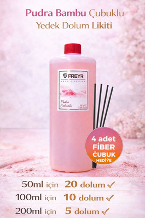FREYR Pudra Oda Kokusu 1 Litre Yedek Dolum Likiti — Bambu Çubuklu Reed Diffuser