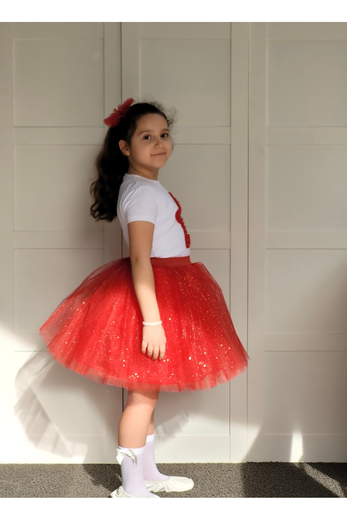 Handmade  Kız Çocuk Kırmızı Simli Tütü Etek - Görsel 2