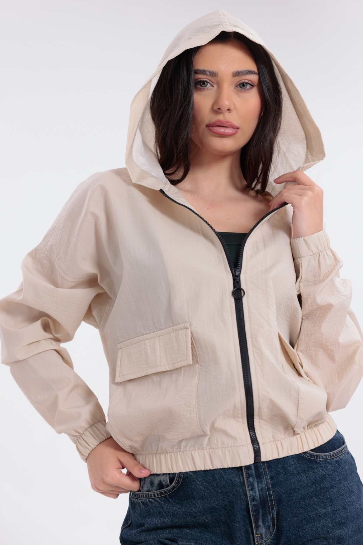 Women's Stone Waterproof Crinkle Fabric Hooded Raincoat - Windbreaker