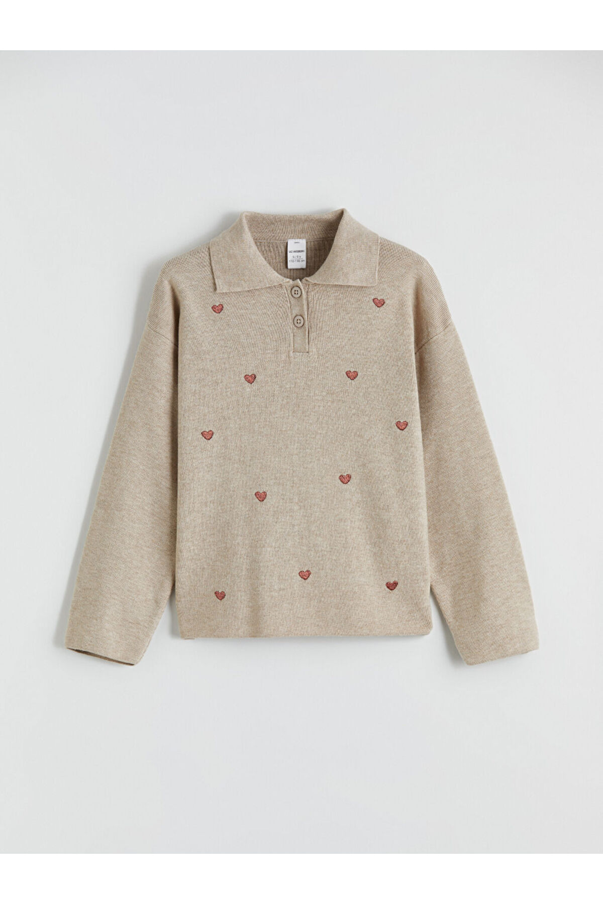 LC Waikiki Bej Polo Yaka Kalp Nakışlı Kız Çocuk Triko Kazak fotoğrafı 2 (önizleme)