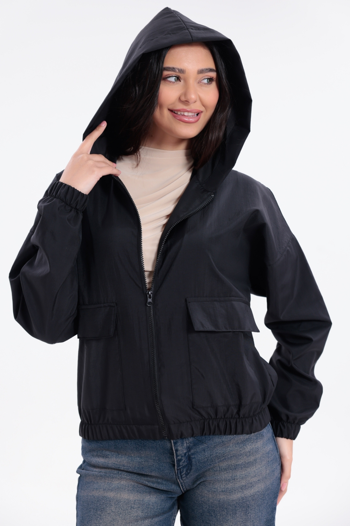 Women's Black Waterproof Crinkle Fabric Hooded Raincoat - Windbreaker