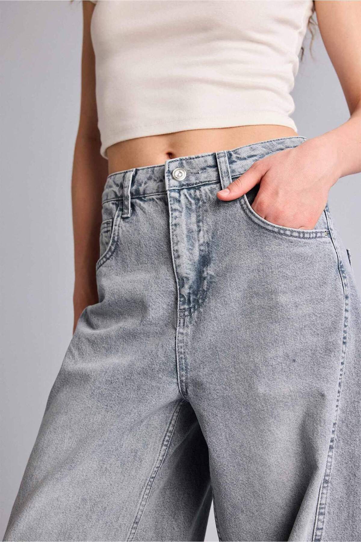 Defacto  Baggy Fıt Yüksek Bel Uzun Jean Yıkamalı Pantolon H1642AX26SM - Görsel 4