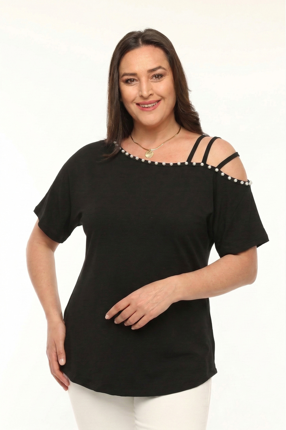 Curvy Trend  Büyük Beden İnci İşlemeli Asimetrik 3 Askı Biyeli Kısa Kol Bluz