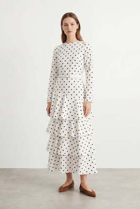 Loreen Kadın Puantiye Detaylı Kat Kat Elbise -20769ELB - ECRU-BROWN