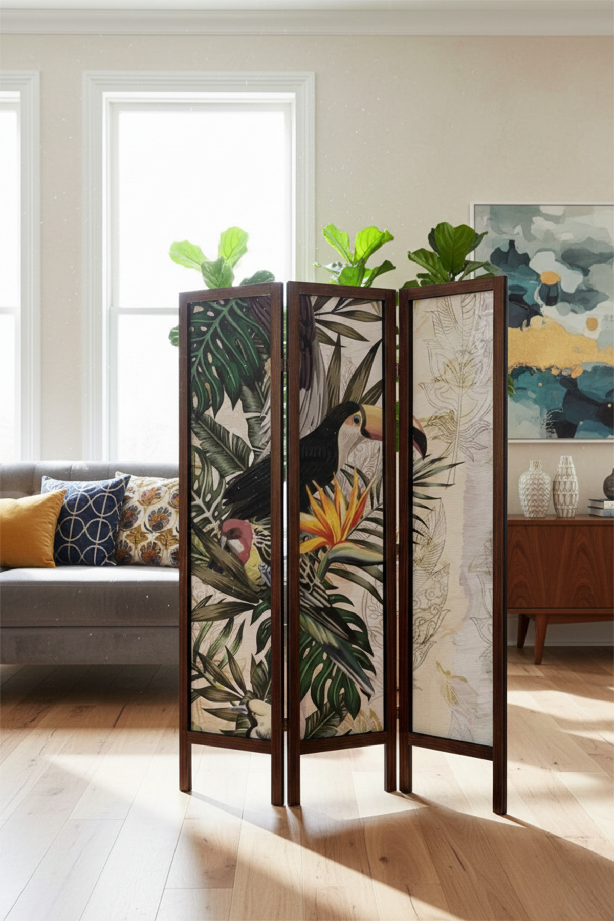 3-Wing Canvas Screen with Premium Wooden Frame - Modern Pattern Separator - 138x170 cm
