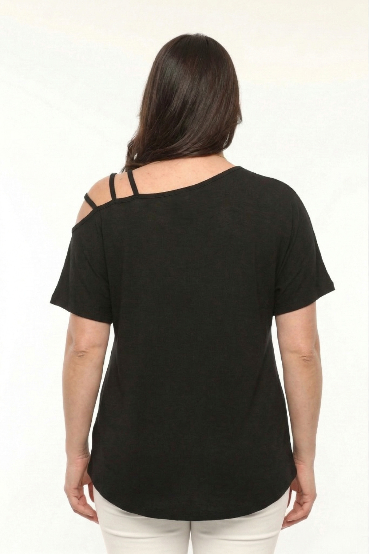 Curvy Trend  Büyük Beden İnci İşlemeli Asimetrik 3 Askı Biyeli Kısa Kol Bluz - Görsel 3