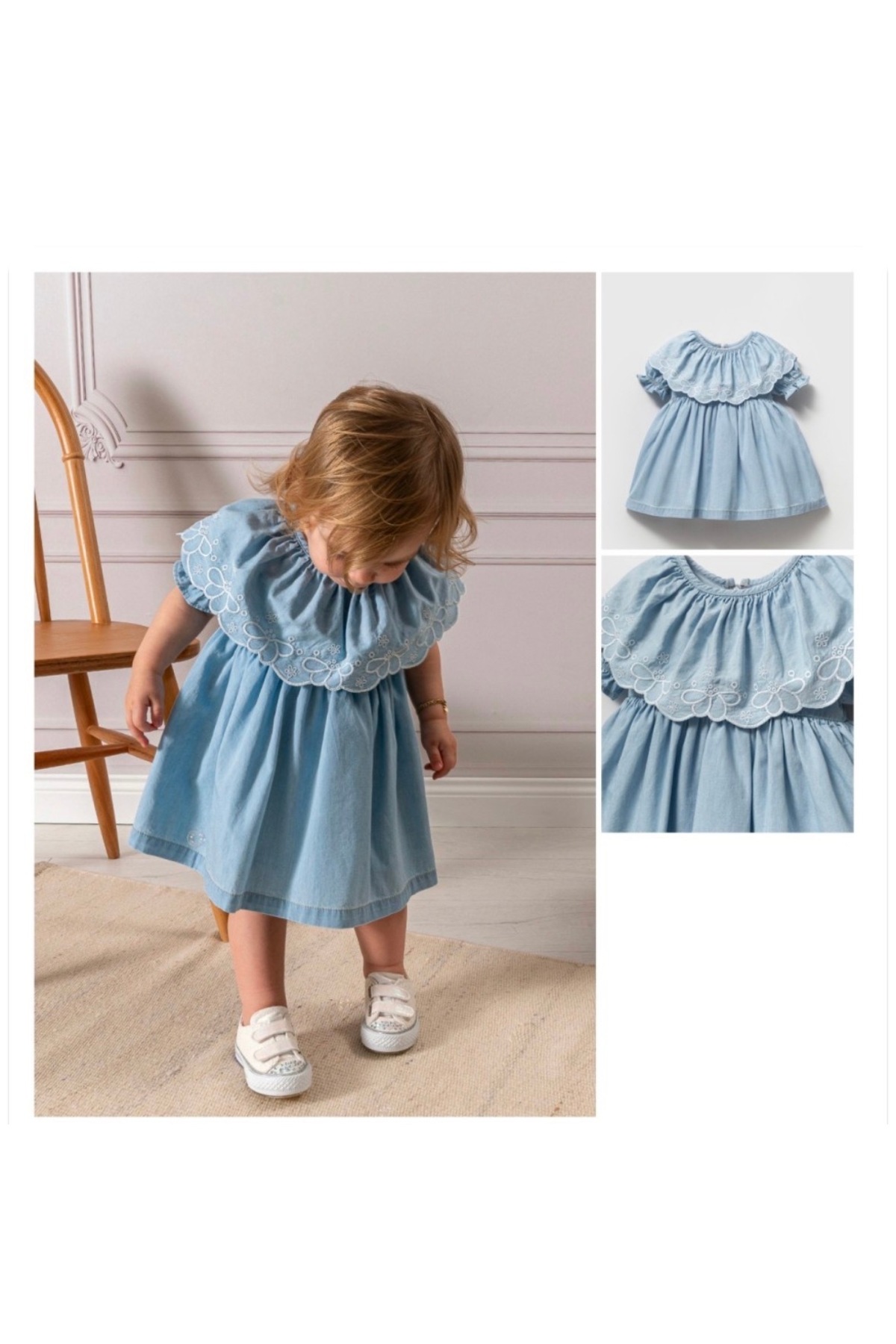 Noy Noy Bebek Denim Elbise - Dantel Yakalı ve Bandanalı Kot Bebek Elbisesi 9- 24 Ay fotoğrafı 3 (önizleme)