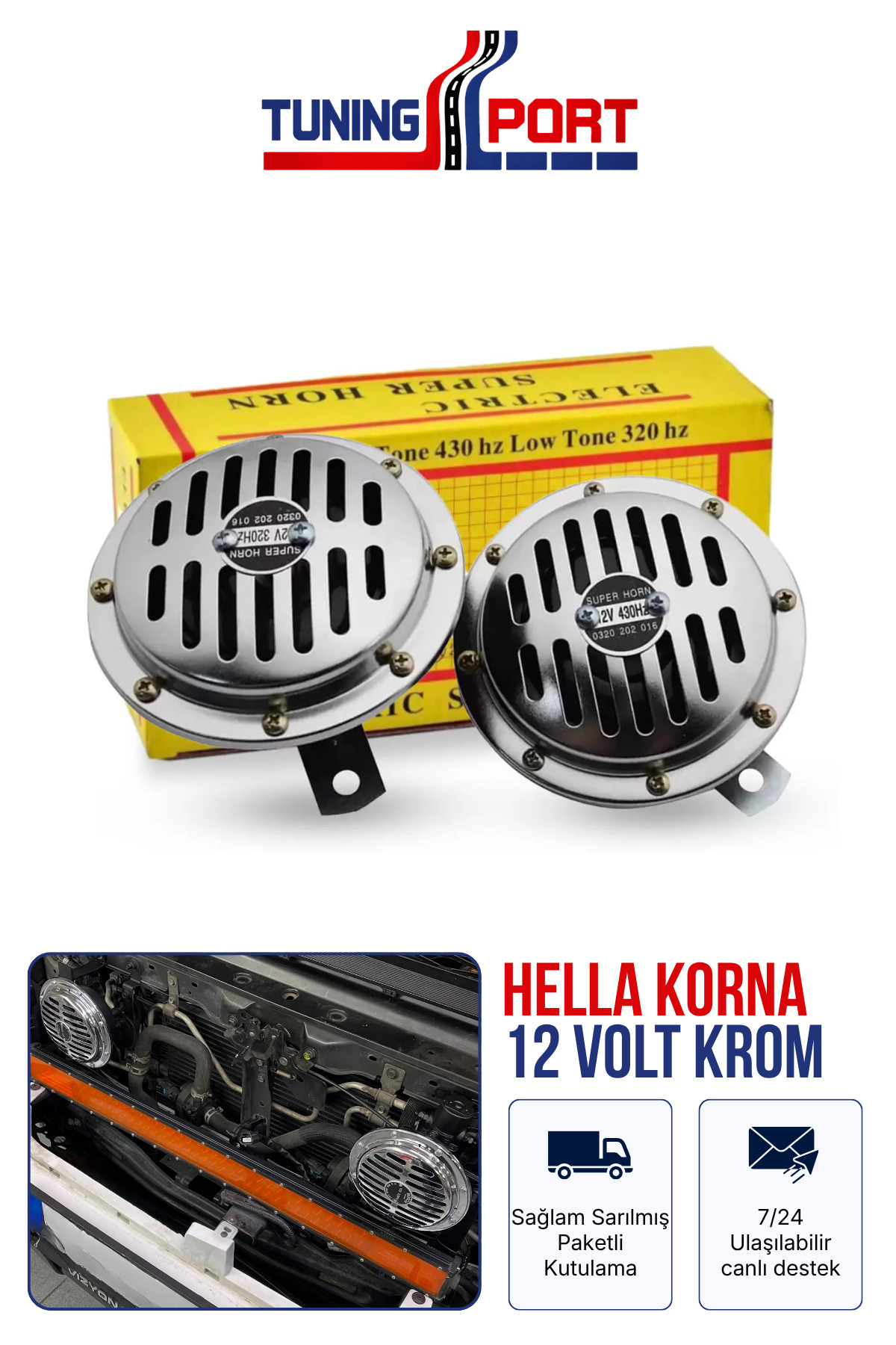 TuningPort Hella 12V Krom Oto Korna Yüksek Sesli Evrensel Uyumlu