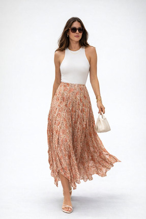 PINTORE Kadın Somon Şal Desenli Şifon Etek