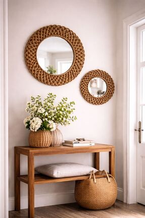 home inn Bohem Ayna Seti 2’li Hasır Görünümlü El Örgüsü Dekoratif Duvar Aynas...