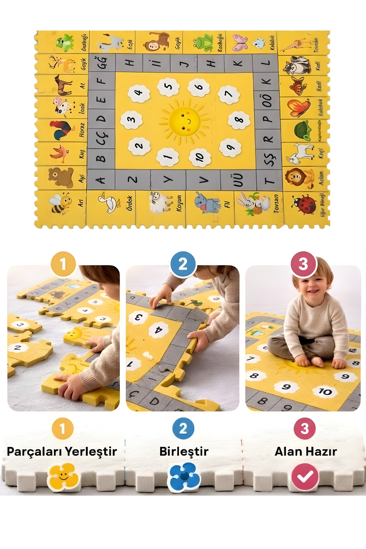 BEYLİNİ 15 Parça Puzzle Oyun Halısı Yapboz Karo Eva Sünger Sayılar Hayvanlar Alfabe Eğitim Matı 90x150 CM fotoğrafı 4 (önizleme)